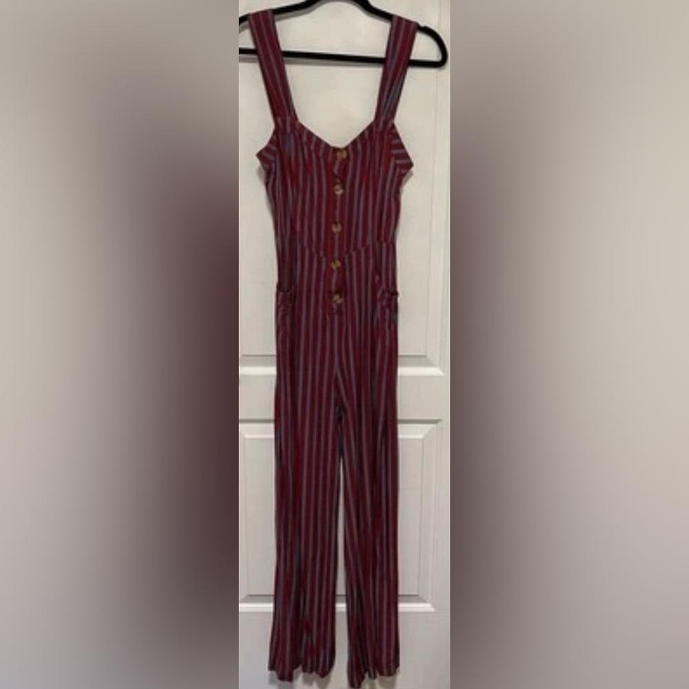 Free People City Girl Jumpsuit Striped Wide-Leg Retro Preppy Red Gray Size 12 - Picture 4 of 12
